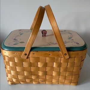 Vintage Woven Picnic Basket with Hand Painted Lid